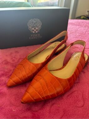 Vince Camuto Bright Orange Croc-Embossed Pointed Slingback Flats